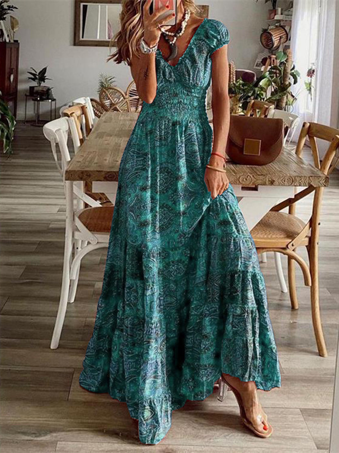 Full Size Smocked Printed V-Neck Short Sleeve Dress Full Size Smocked Printed V-Neck Short Sleeve Dress